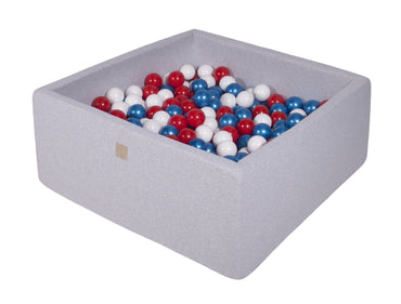 Vierkante ballenbak - Licht grijs met Parelblauwe, Witte en Rode ballen